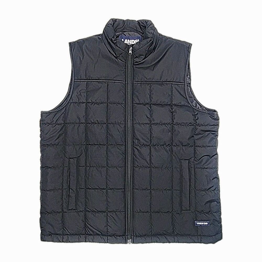 Lands End Puffer Vest Black Men Sz Large 42-44 Zip Pockets Quilted Polyester